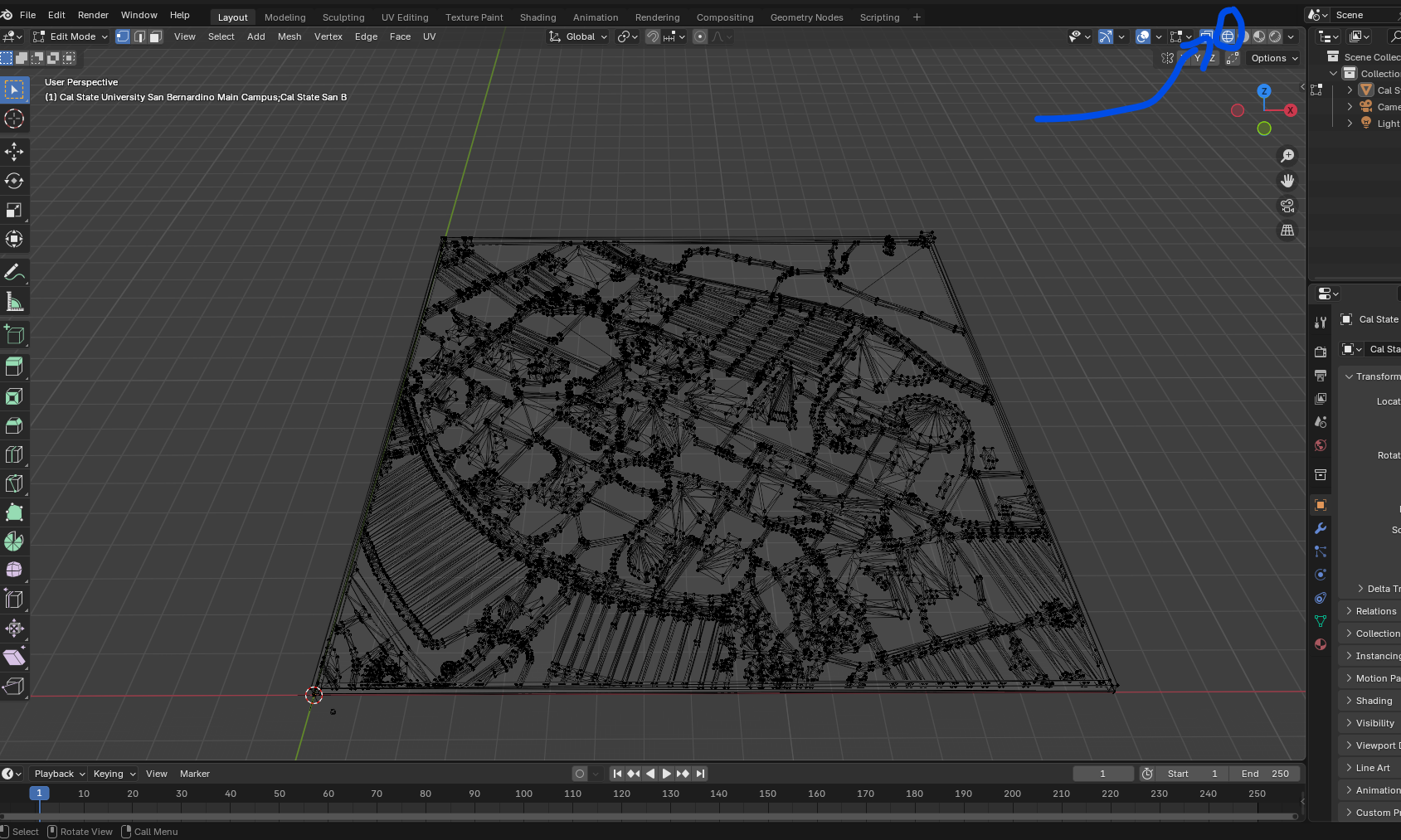 Blender edit mode, now in wire frame mode. We can see all the vertices of the object.